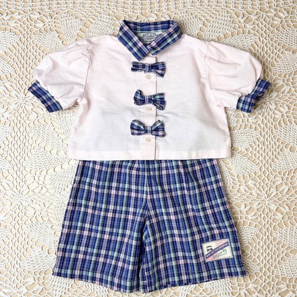 Vintage 1980s Russ Girls 5 Years Blue Plaid Shorts Pink Collared Bow Blouse Set